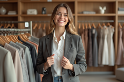 Femme souriante ajustant un blazer taille 38 dans une boutique moderne