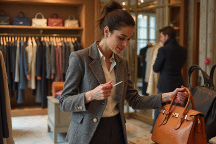 Femme élégante examinant un sac à main dans une boutique parisienne