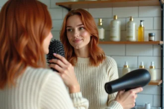 Femme aux cheveux colorés cuivrés utilisant une brosse soufflante devant un miroir de salle de bain