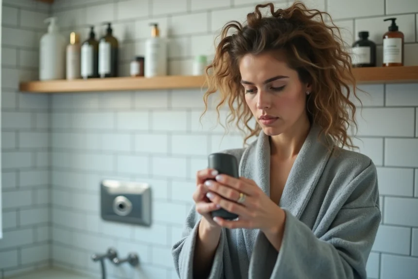 Femme aux cheveux abîmés et secs examinant un produit capillaire Olaplex dans une salle de bain minimaliste