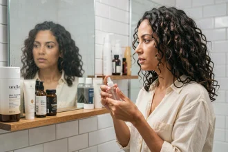 Femme aux cheveux bouclés utilisant un spray coiffant anti-frisottis devant son miroir de salle de bain