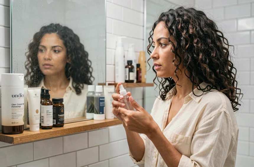 Femme aux cheveux bouclés utilisant un spray coiffant anti-frisottis devant son miroir de salle de bain