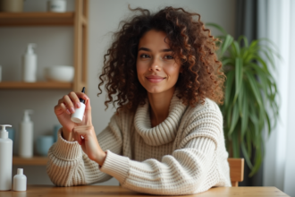 Jeune femme appliquant un serum capillaire dans ses cheveux