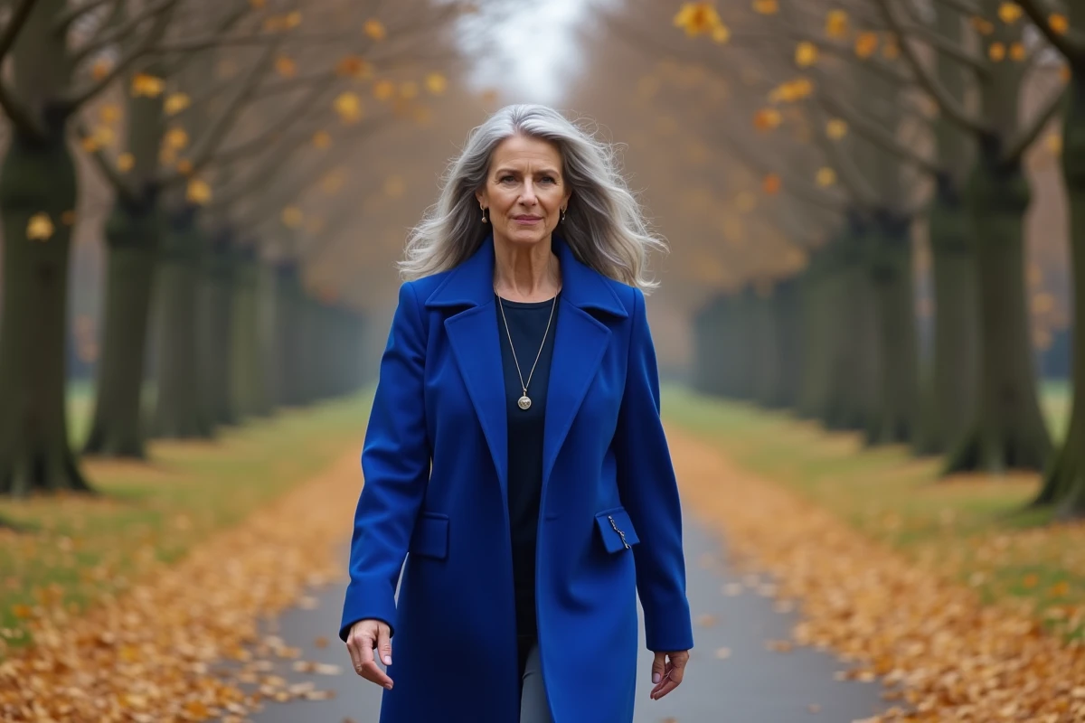 Femme de 55 ans aux cheveux gris ondulés marchant avec assurance sur un chemin automnal, exprimant la fierté de la transition capillaire naturelle