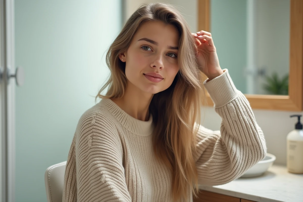 Jeune femme aux cheveux longs et naturels dans un salon moderne