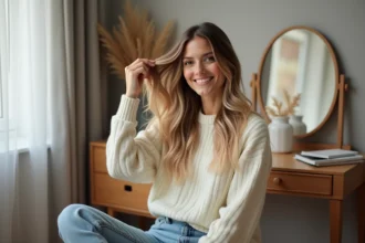 Femme souriante avec cheveux volumineux et highlights blonds et bruns