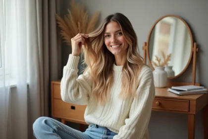 Femme souriante avec cheveux volumineux et highlights blonds et bruns