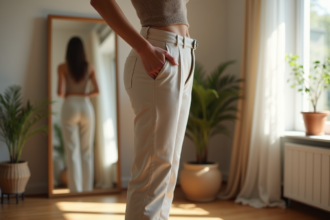 Femme ajustant un pantalon taille haute dans une chambre lumineuse