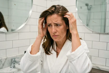 Femme aux cheveux châtains clairsemés se regardant dans le miroir de salle de bain, illustrant la chute de cheveux réactionnelle