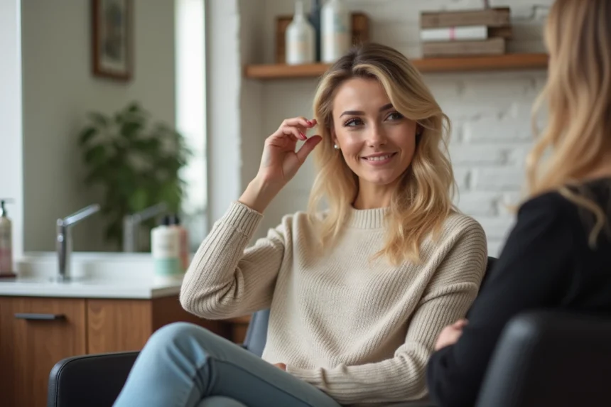Femme souriante avec mèches blondes dans un salon moderne