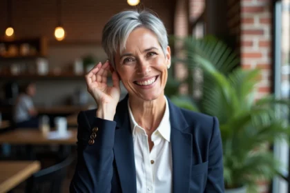 Femme confiante en blazer dans un café urbain