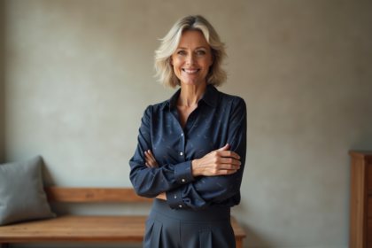 Femme confiante en blouse navy et pantalon haut de gamme