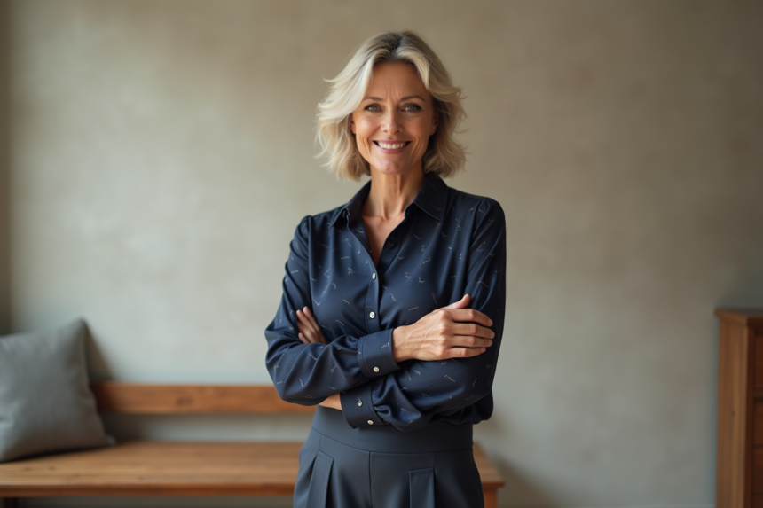 Femme confiante en blouse navy et pantalon haut de gamme