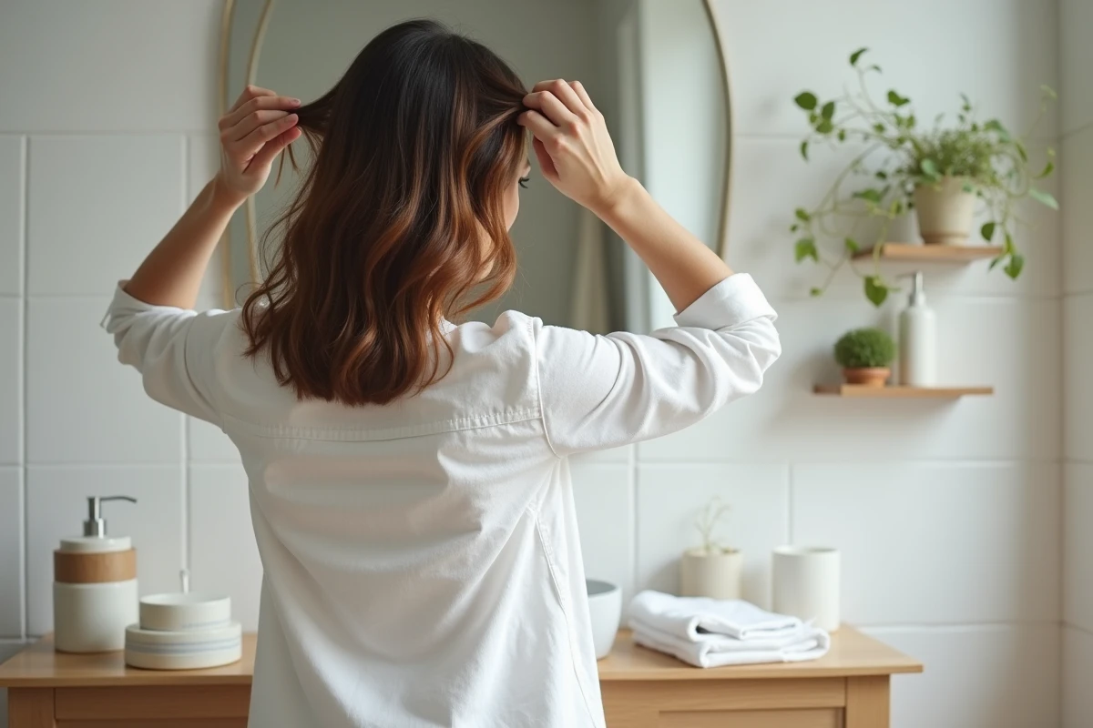 Femme examinant sa coupe dégradée mi-longue sur cheveux fins devant un miroir de salle de bain