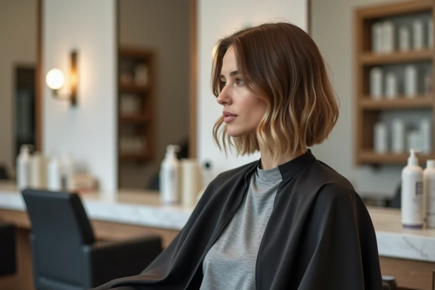 Femme aux cheveux fins mi-longs avec une coupe dégradée dans un salon de coiffure moderne
