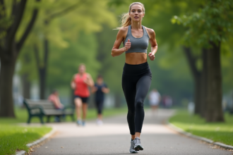 Femme courant dans un parc urbain en leggings