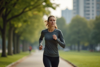 Femme courant dans un parc urbain verdoyant