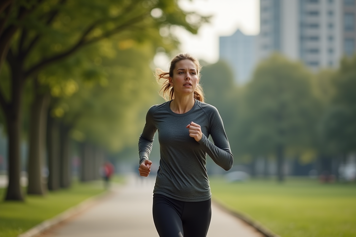 Femme courant dans un parc urbain verdoyant