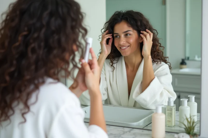 Femme utilisant un dermaroller sur son cuir chevelu devant un miroir de salle de bain pour densifier ses cheveux