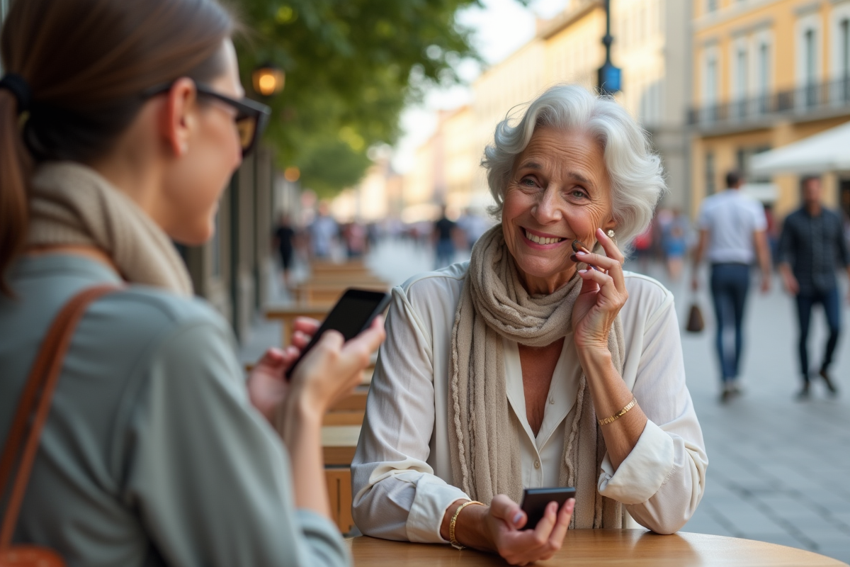 Femme élégante appliquant du blush dans un café en ville