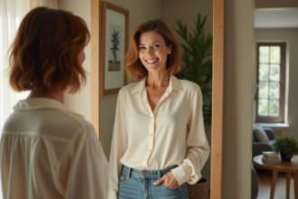 Femme élégante avec coupe moderne dans une chambre lumineuse