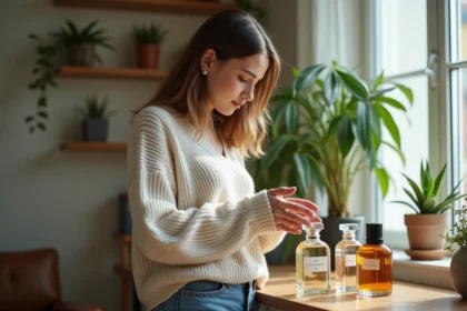 Jeune femme examine des parfums dans un appartement cosy