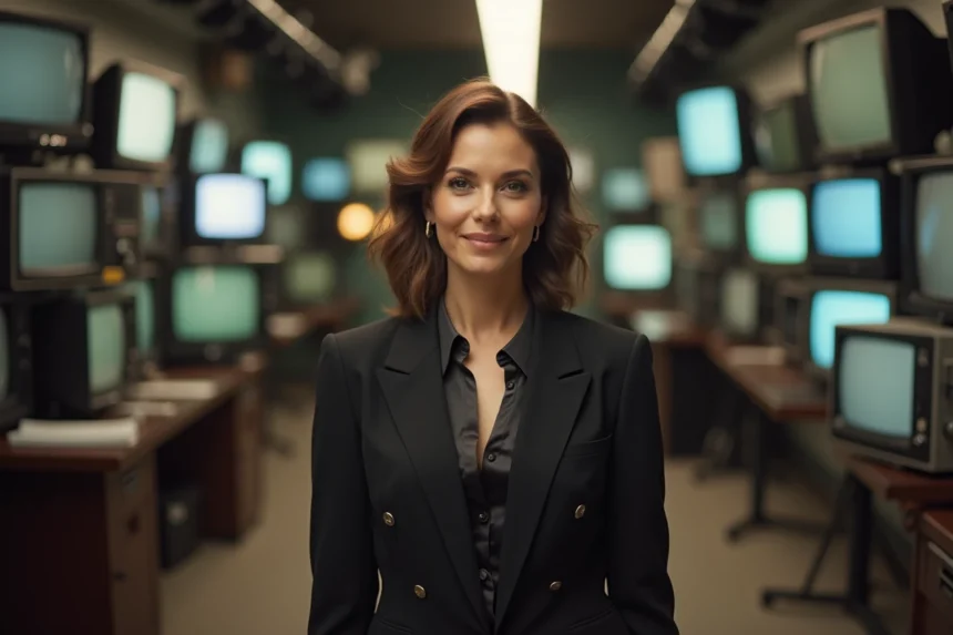 Femme élégante dans un couloir de studio de télévision évoquant les grandes séries cultes