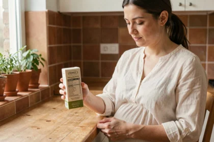 Femme enceinte lisant l'étiquette d'une boîte de henné colorant naturel dans une cuisine chaleureuse