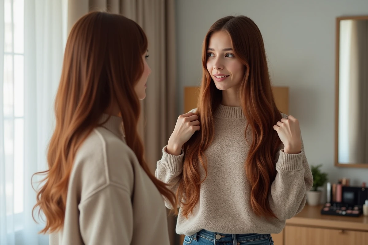 Femme ajustant une perruque Kristia dans son miroir