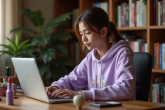 Jeune femme passionnée de culture geek découvrant des conseils beauté sur son ordinateur portable entourée de produits de maquillage et de figurines de jeux vidéo