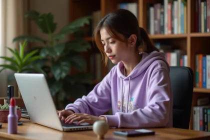 Jeune femme passionnée de culture geek découvrant des conseils beauté sur son ordinateur portable entourée de produits de maquillage et de figurines de jeux vidéo