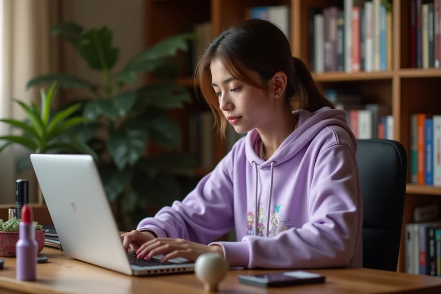 Jeune femme passionnée de culture geek découvrant des conseils beauté sur son ordinateur portable entourée de produits de maquillage et de figurines de jeux vidéo
