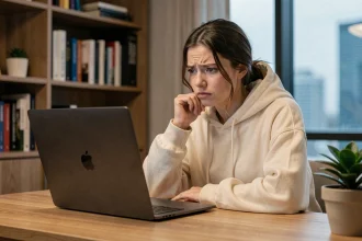 Jeune femme hésitante devant son ordinateur portable, illustrant le dilemme de regarder ou ignorer un contenu viral sur internet