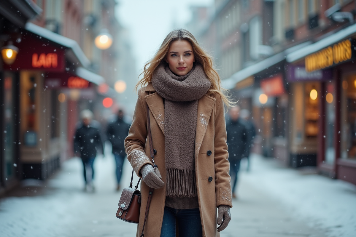 Femme élégante marchant dans une rue enneigée en hiver