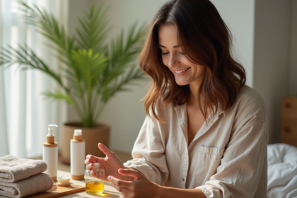 Femme appliquant de l'huile capillaire dans un cadre cosy