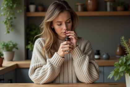 Femme inhalant un huile essentielle dans une cuisine chaleureuse