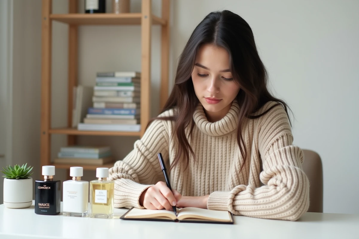 Jeune femme rédigeant une liste de dupes de parfums Adopt face à des flacons de luxe sur un bureau scandinave