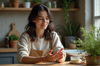 Femme appliquant une lotion naturelle dans la cuisine
