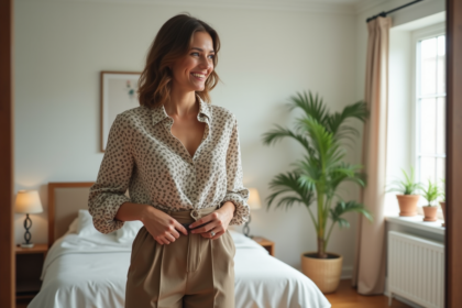 Femme souriante ajustant sa ceinture dans une chambre lumineuse