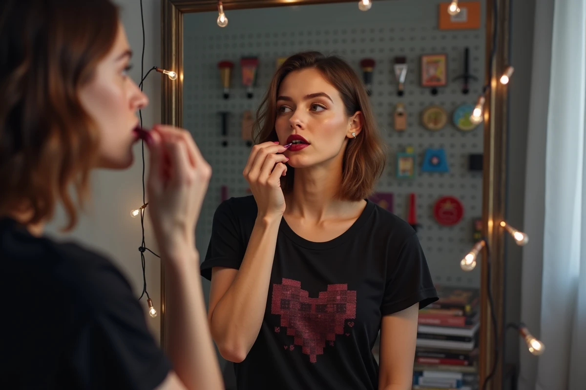 Femme geek appliquant du rouge à lèvres devant un miroir décoré d'épingles geek et entourée de romans graphiques dans une chambre urbaine