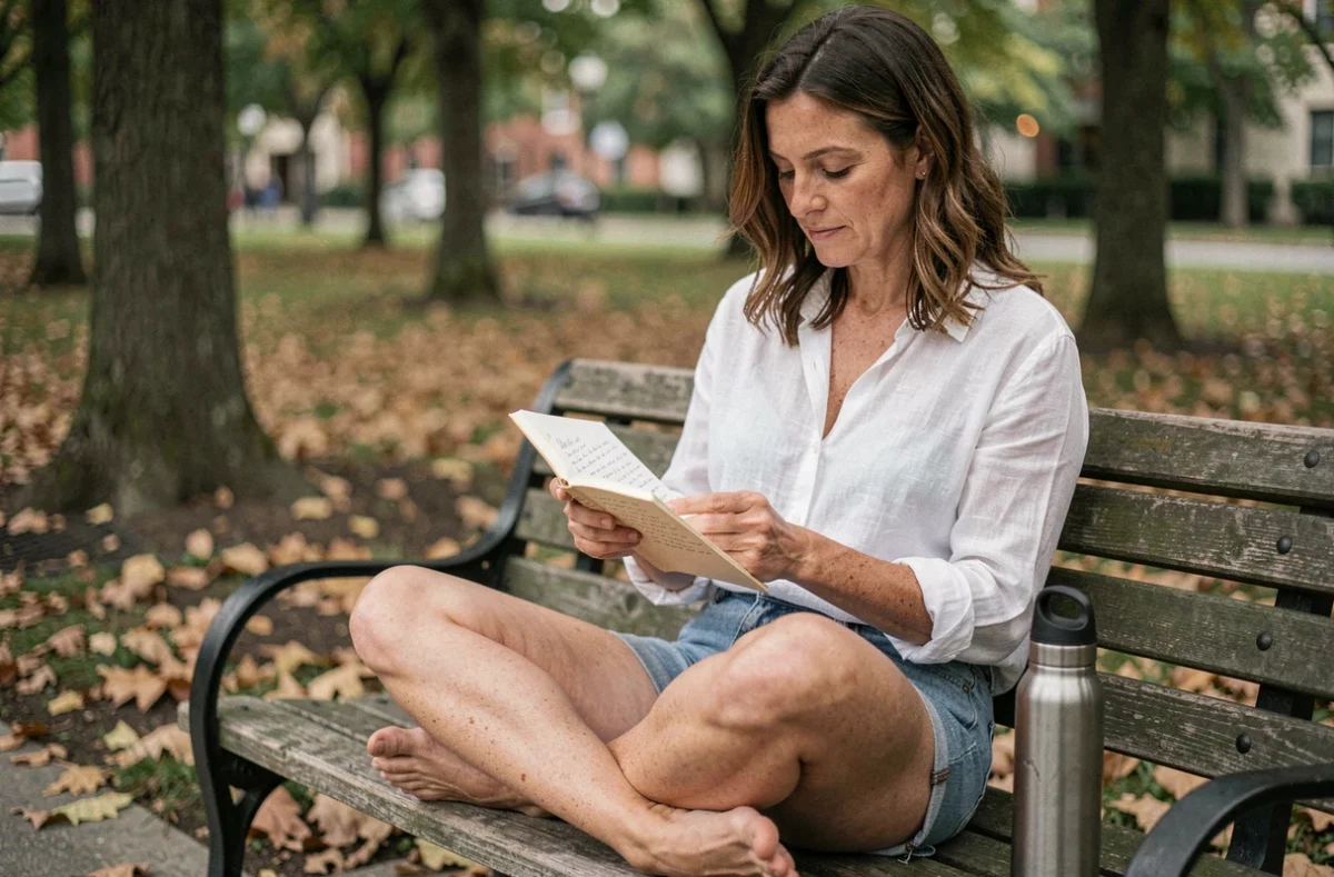 Femme de 35 ans en short en jean assise dans un parc consultant un journal de bien-être, montrant ses jambes naturellement tonifiées dans un contexte de démarche anti-cellulite au quotidien
