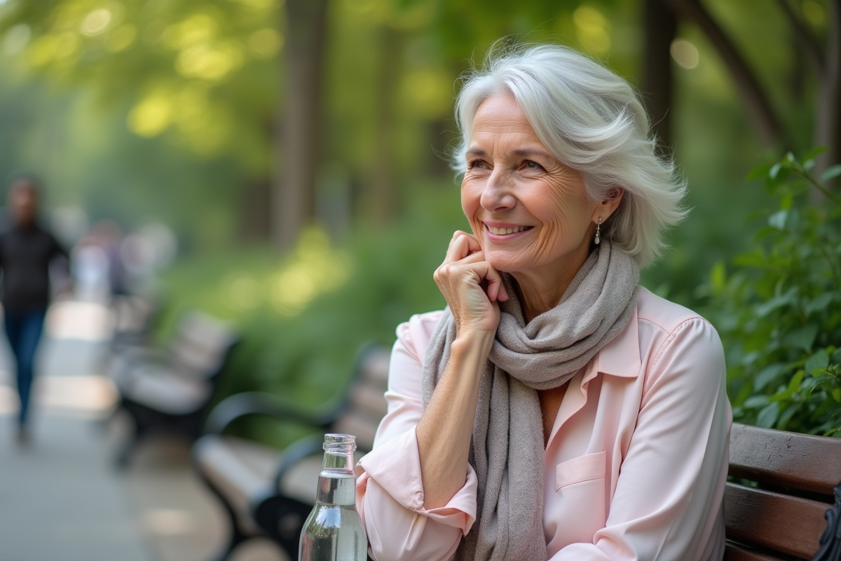 Femme souriante assise dans un parc urbain en été