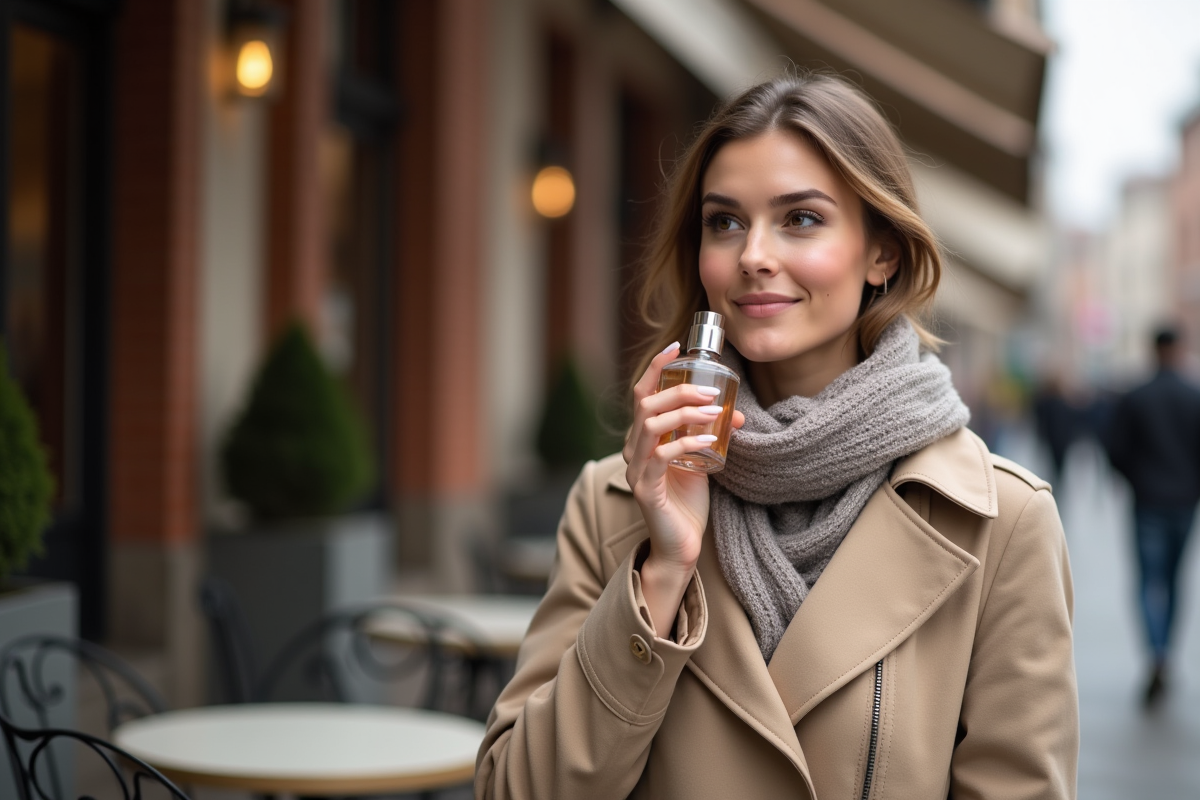 Femme portant trench et écharpe parfumant en extérieur