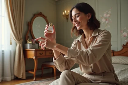 Femme élégante se parfumant dans une chambre raffinée