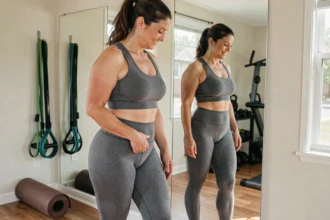 Femme de 38 ans en tenue de sport regardant ses cuisses tonifiées dans un miroir de salle de sport à domicile, illustrant la perte de cellulite malgré une génétique défavorable