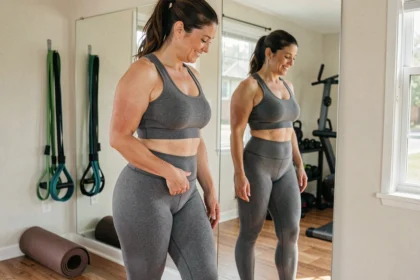 Femme de 38 ans en tenue de sport regardant ses cuisses tonifiées dans un miroir de salle de sport à domicile, illustrant la perte de cellulite malgré une génétique défavorable