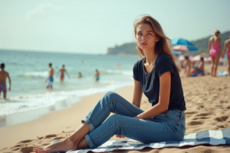 Femme en jeans et t-shirt observant la plage