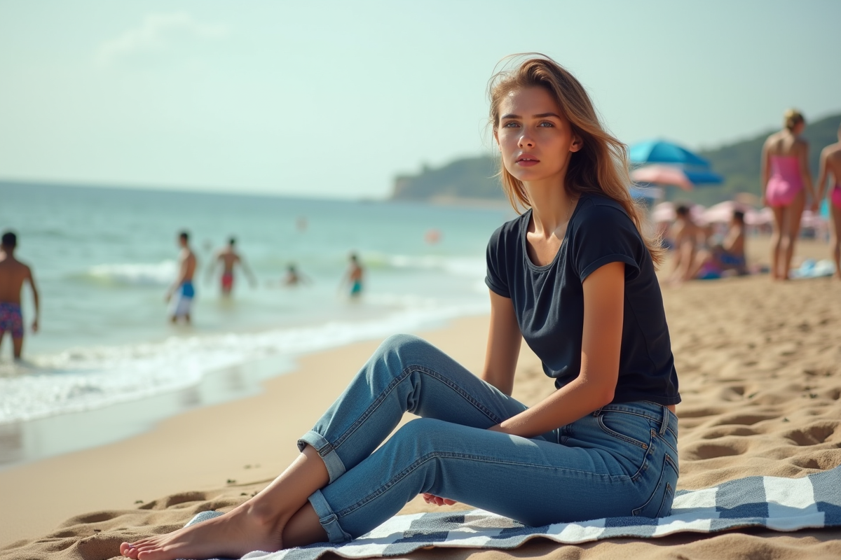 Femme en jeans et t-shirt observant la plage