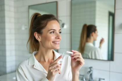 Femme examinant un produit blancheur dentaire The Smilist dans une salle de bain moderne