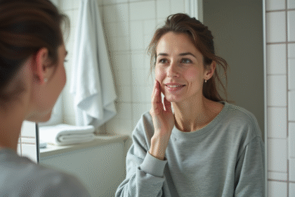 Femme regardant son reflet dans un miroir de salle de bain